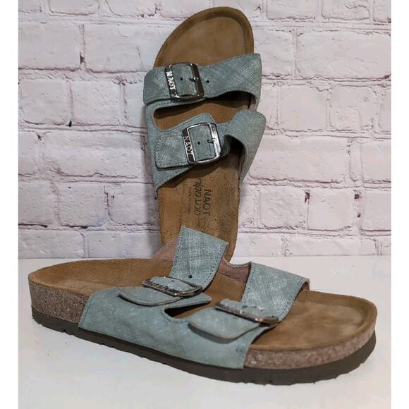 Women's NAOT Santa Barbara Teal Linen Leather Slide 2 Buckle Straps Size 38 US 7 - Picture 1 of 12